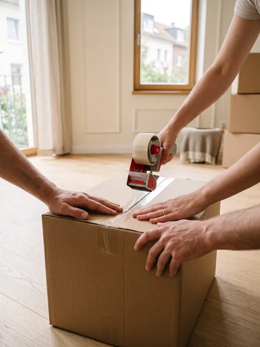 Umzugskarton wird mit Packband verschlossen