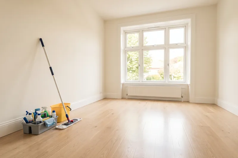 Frisch gereinigter, leerer Wohnraum mit glänzendem Holzboden
