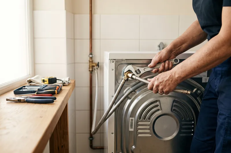 Anschluss einer Waschmaschine mit Werkzeug im Hauswirtschaftsraum